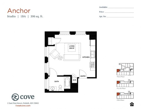 Floor plan for studio, 1 bath, 396 sqft